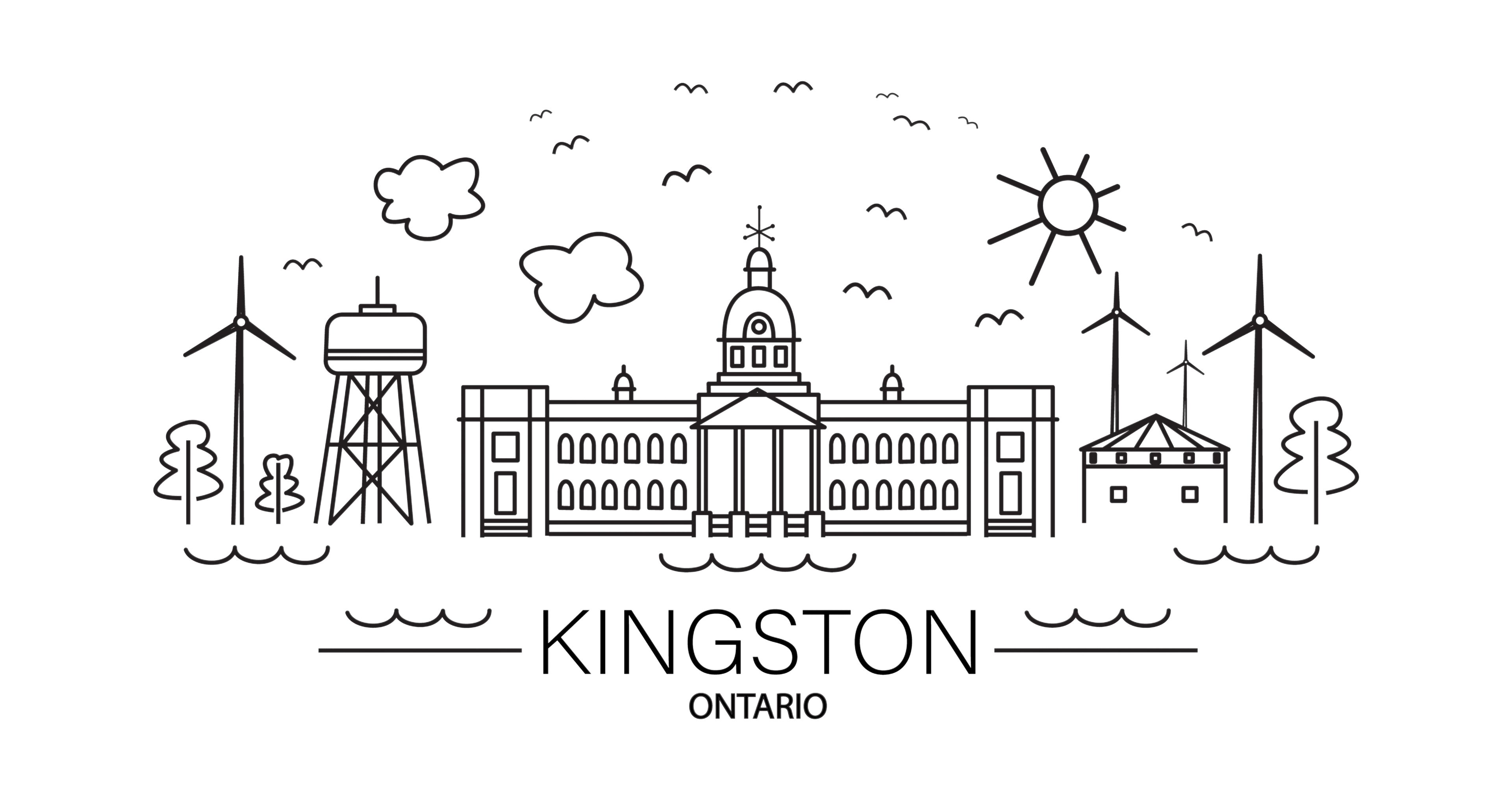A silhouette of Kingston, Ontario, Canada, showing its iconic skyline and waterfront on the Lake Ontario shore along with the waterpower and city hall.